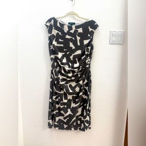 Ralph Lauren Charcoal Grey and White Abstract Midi Dress